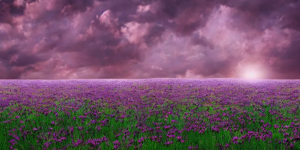 Image similar to field of green daisies, purple sky in background, matte painting