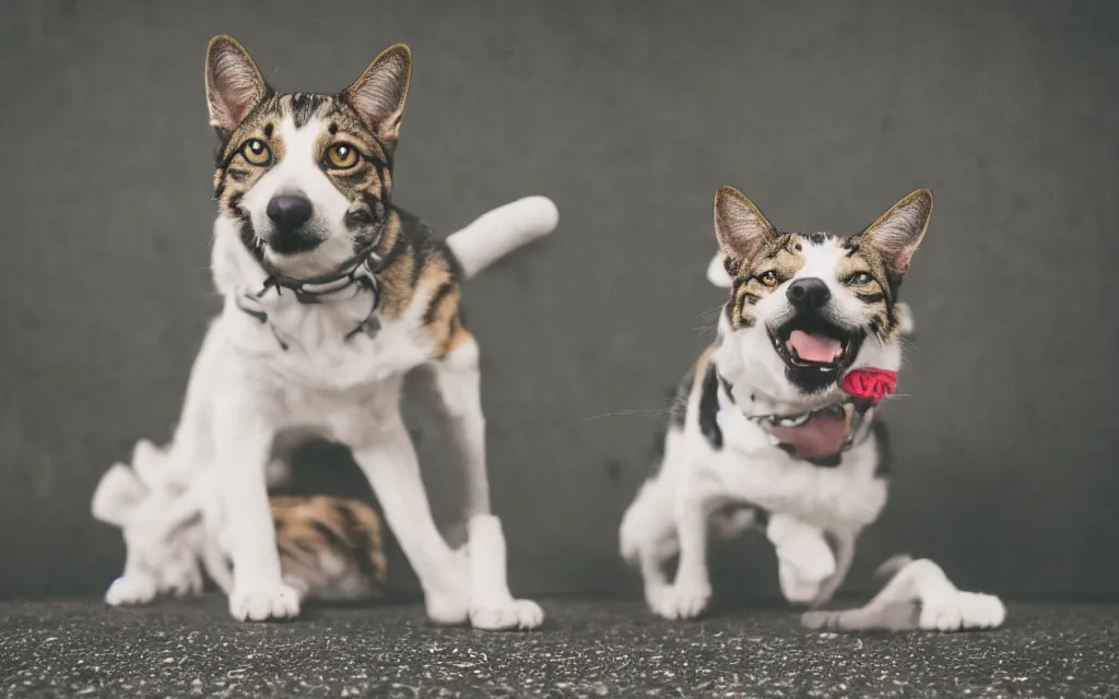 Image similar to Dog cosplaying as a cat, 50mm, low angle shot, good lighting