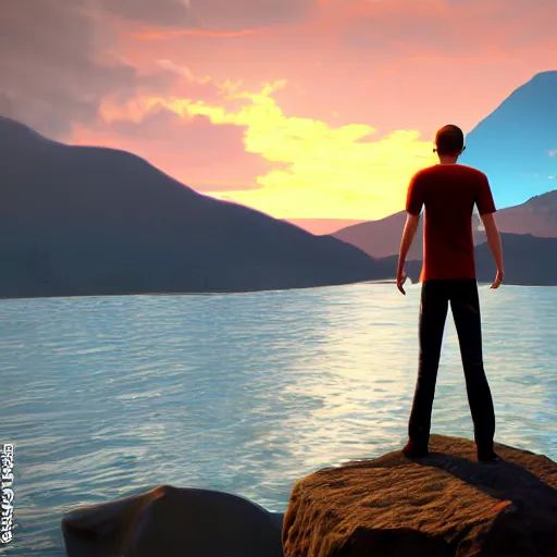 Prompt: max caulfied of life is strange watching sunset on the sea, standing on a hill, realistic