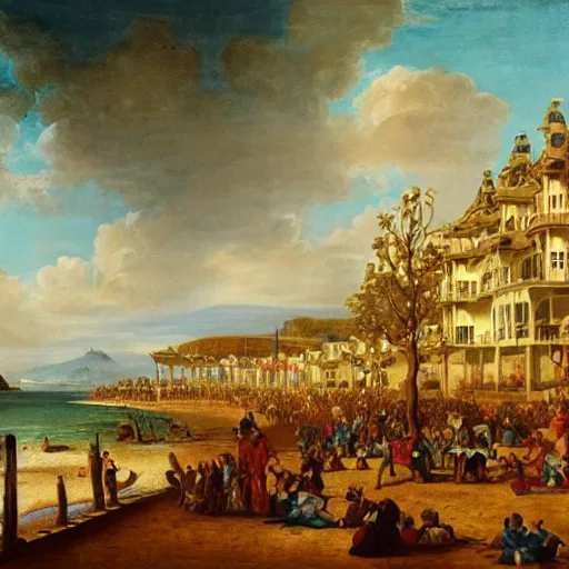 Prompt: Baroque oil painting of a Victorian beach resort