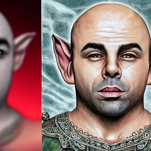 Image similar to elf that looks like joe rogan, symmetrical, full body image, accurate image, highly ornate intricate details, very sharp photo,
