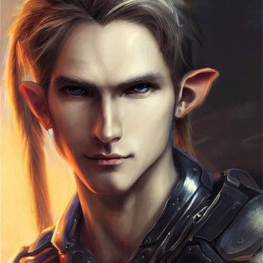 Image similar to portrait of an elf by ayami kojima, he is about 2 0 years old, androgenic, long white hair, slender and tall, smirk, he is wearing a modern tactical gear, scifi, highly detailed portrait, digital painting, artstation, concept art, smooth, sharp foccus ilustration, artstation hq