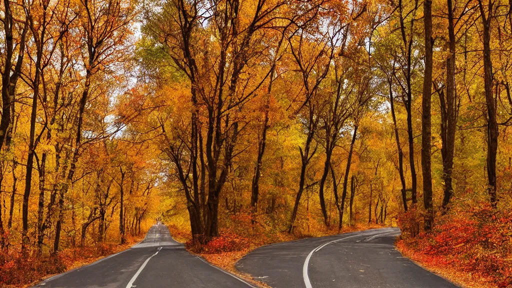 Image similar to a realistic photograph of a country road lined on both sides by maple and poplar trees, in the autumn, red orange and yellow leaves, some leaves have fallen and are under the trees and on the!!!! road