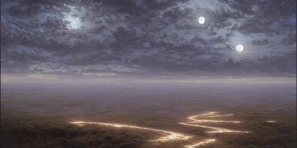 Image similar to the cloudy moonlit sky, landscape art by donato giancola and greg rutkowski, digital art, trending on artstation, symmetry!!, volumetric lighting, darkness