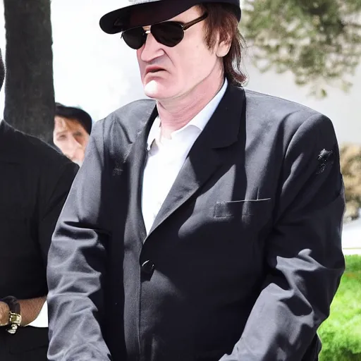 Prompt: quentin tarantino at a funeral, wearing a jewish hebrew kippah ( yarmulke ), paparazzi