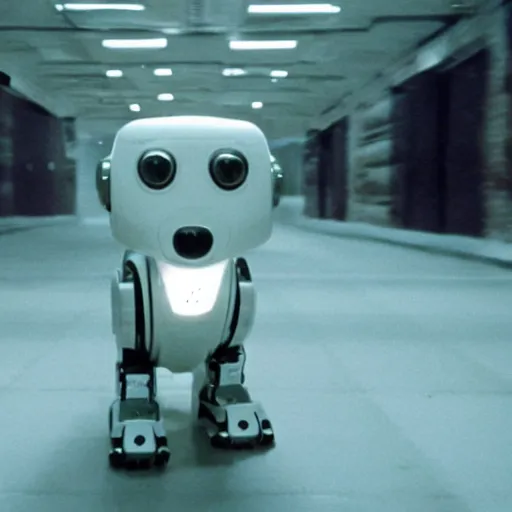 Image similar to movie still of dog robot white swiss shepperd, cinematic composition, cinematic light, criterion collection, by edgar wright