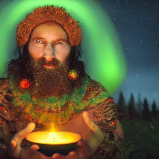 Image similar to a druid shaman performing a ritual to invoke spirits, northern light, visionary painting masterpiece, realistic, highly detailed, octane render