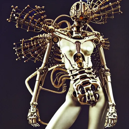 Image similar to still frame from Prometheus movie by Makoto Aida, biomechanical Vespa mandarina angel gynoid, metal couture by neri oxmn and Guo pei, editorial by Malczewski and by Caravaggio