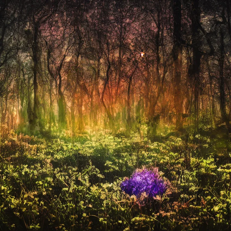 Image similar to a planet of various fungus like trees, mushrooms, flowers and plants, artistic photography, conceptual, long exposure outside the city, volumetric light