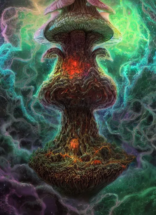 Image similar to enormous mushroom deity of the stars resides inside void manifold, mycelium forms quantum foam, fractal of scary dirac equations, portrait by ross tran, timeline nexus, ascending universes, a dnd illustration of esoteric concept by cgsociety and james gurney, artstation, hdr, rtx, iridescent wise mushroom deity