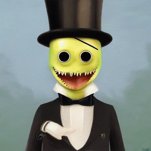 Image similar to “an anthropomorphic crocodile wearing a top hat and monocle, dapper, highly detailed, oil on canvas”