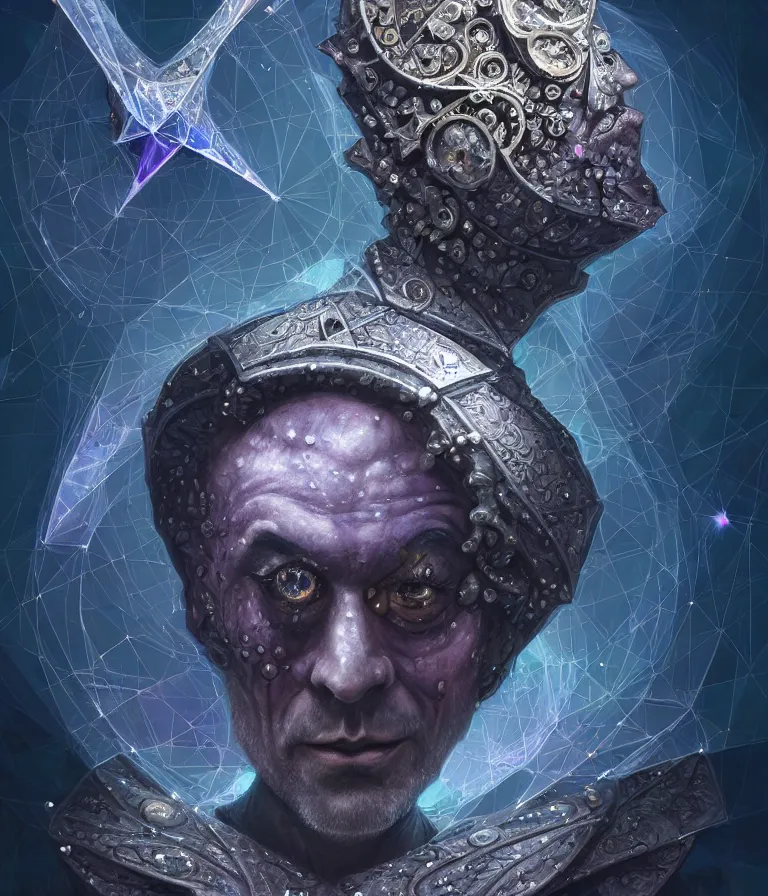 Image similar to front!!! shot of a court jester!!! character, mesmerizing fractal hypercubes, platinum, dark holography!!!, future, metallic galactic, crystalline edges, polygonal, elegant, highly detailed, centered, (((artstation, concept art, jagged, sharp focus, artgerm, Tomasz Alen Kopera, Peter Mohrbacher, donato giancola, Joseph Christian Leyendecker, WLOP, Boris Vallejo))), ((raytracing)), mugshot!!!!!, ugly!!!!!!, octane render, nvidia raytracing demo, octane render, nvidia raytracing demo, octane render, nvidia raytracing demo, 8K