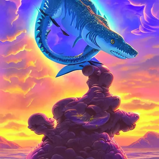 Image similar to 🦈 🐊 🐈 , fantasy digital art, magical background in the style of hearthstone artwork