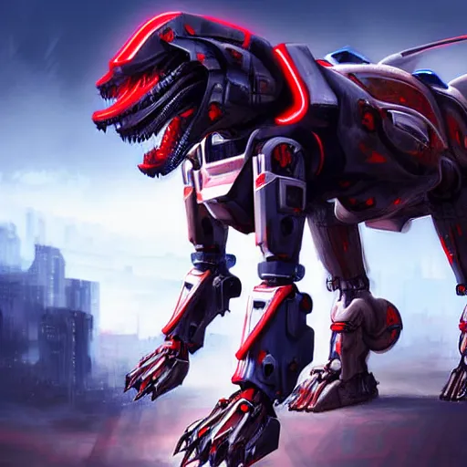 Image similar to hyper realistic, epic, highly detailed cinematic full body shot of a mecha canine, sharp claws, sleek armor, glowing visor, destroying city, digital art, furry art, dragon art, zoids art, furaffinity, deviantart