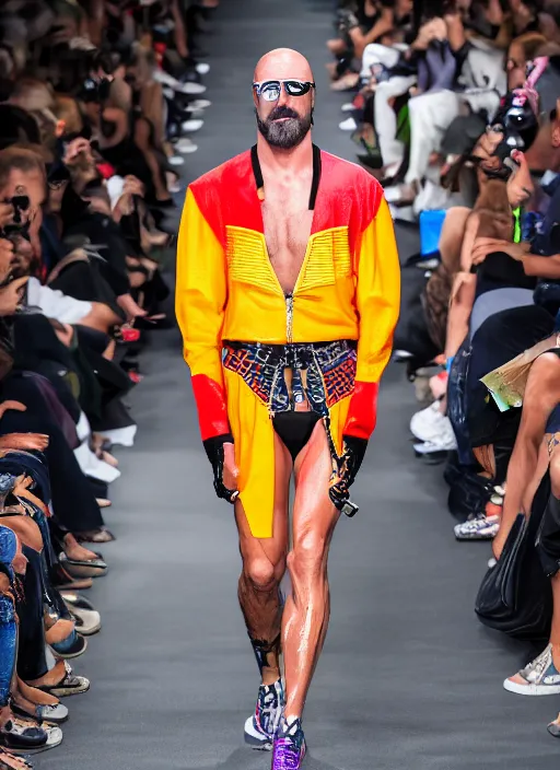 Image similar to hyperrealistic and heavy detailed balenciaga runway show of hulk hogan, leica sl 2 5 0 mm, vivid color, high quality, high textured, real life