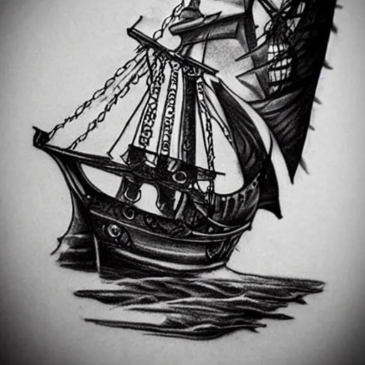 Image similar to realism tattoo design sketch of a pirate ship, by Sivak