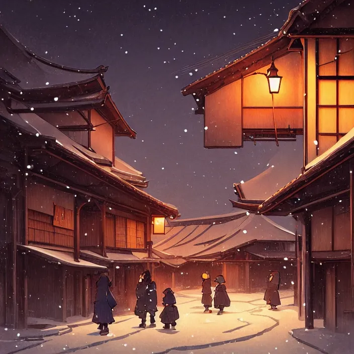 Image similar to empty rural japanese town at night, winter, in the style of studio ghibli, j. c. leyendecker, greg rutkowski, artem