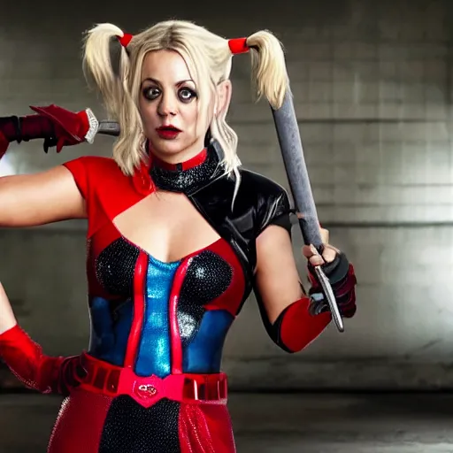 Prompt: A still of Kaley Cuoco as Harley Quinn, full-figure