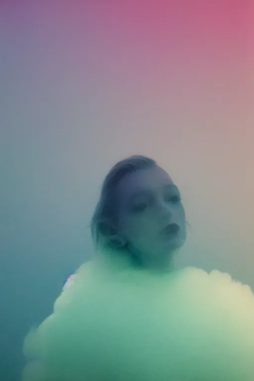 Image similar to high quality pastel coloured film close up wide angle photograph of a model wearing clothing resting on cloud furniture in a icelandic black rock environment in a partially haze filled dreamstate world. three point light, rainbow. photographic production. art directed. pastel colours. volumetric clouds. pastel gradient overlay. waves glitch artefacts. extreme facial clarity. 8 k. filmic.