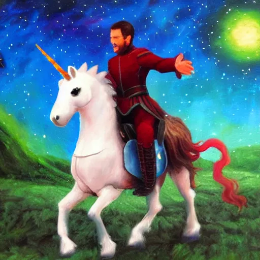 Prompt: wil wheaton wesley crusher riding a unicorn into battle impressionist oil painting fantasy 1 5