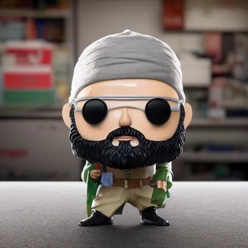 Image similar to funko pop of osama bin laden, product shot, macro, hyper realistic, octane render, unreal engine, 4 k, 8 k