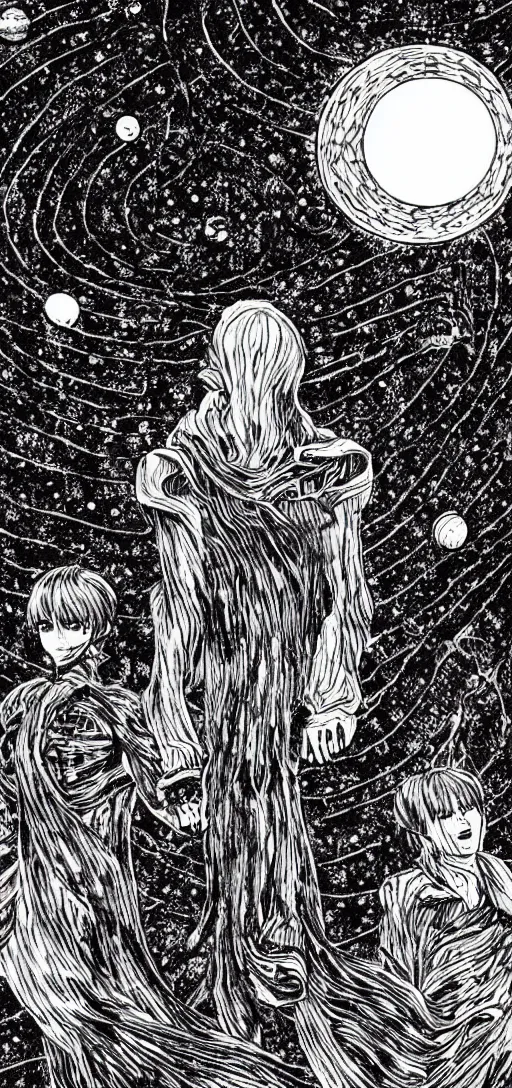 Prompt: Magnificent solar system, high detail, Junji Ito