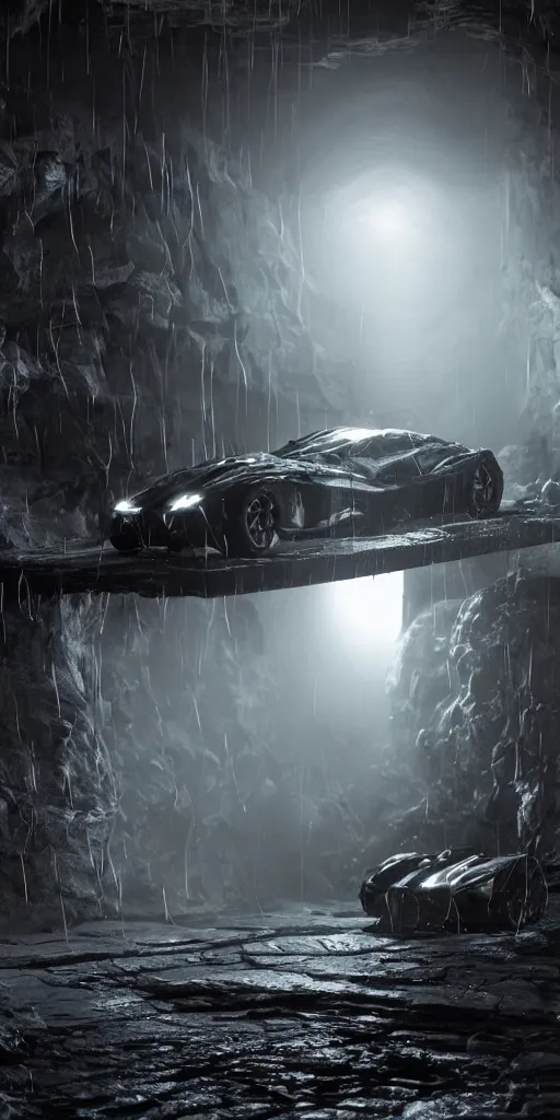 Prompt: the batmobile standing in a very dark and wet cave. highly detailed. intricate. mist. atmospheric. rim light. photorealistic. 8 k. monochrome. rays of light filling the cave. cinematic. matte painting. cinema 4 d. octane render. imagined by ash thorp. ambient occlusion. global illumination.