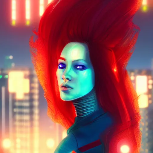 Prompt: a girl with red hair and blue eyes, cyberpunk, rooftop, teal neon lights, highly detailed, digital painting, artstation, concept art, sharp focus, illustration