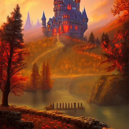 Image similar to Evil castle by Evgeny Lushpin, greg rutkowski,red sky,background mountains,autumn,halloween