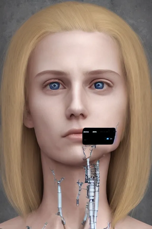 Image similar to robot with human face, female head, full body angle, woman human face, human face realistic, beautiful blonde hair, human head, human head with blonde hair, blonde hair human head, blonde hair, human realistic face, human head skin, cyborg frame concept, cyborg by ales-kotnik, sci-fi android female, the body is made of wires, robotic body, cyborg body, cyborg bust body, robot body cyborg, full body