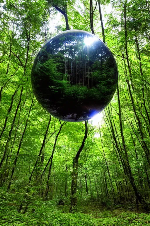 Image similar to a mirror sphere sitting in a lush forest