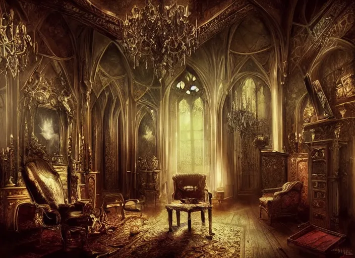 Prompt: a room inside a gothic mansion, ornate, elegant, artwork, paint, sharp, digital art, realism, by aleksi briclot