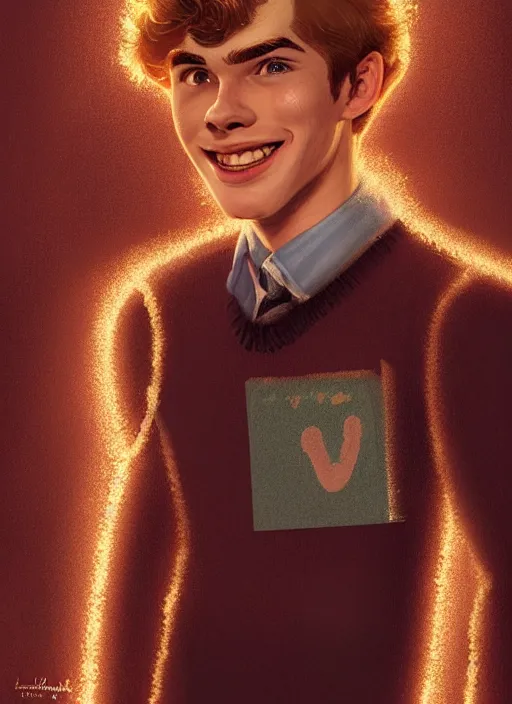 Image similar to portrait of teenage archie andrews, freckles, curly middle part haircut, curly hair, smiling kindly, friendly, 1 9 5 0 s, intricate, elegant, glowing lights, highly detailed, digital painting, artstation, concept art, smooth, sharp focus, illustration, art by wlop, mars ravelo and greg rutkowski