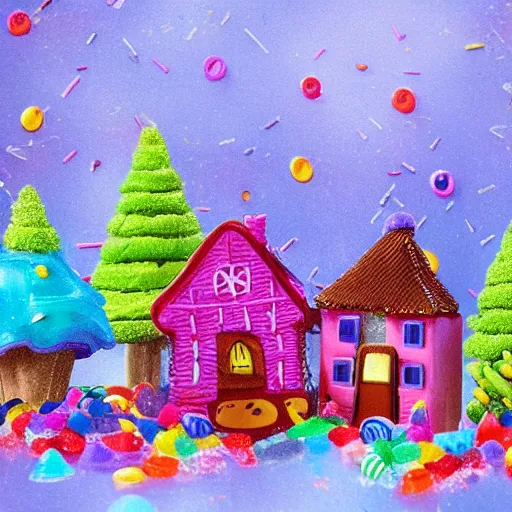 Prompt: cute little village in the woods, raining candy and sprinkles