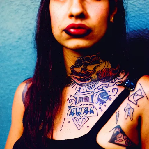 Image similar to beautiful young latino woman with gutterpunk pen ink face tattoos at golden hour, paper stars in background, cinematic diane arbus, leica s, fuji 8 0 0, grainy, low light