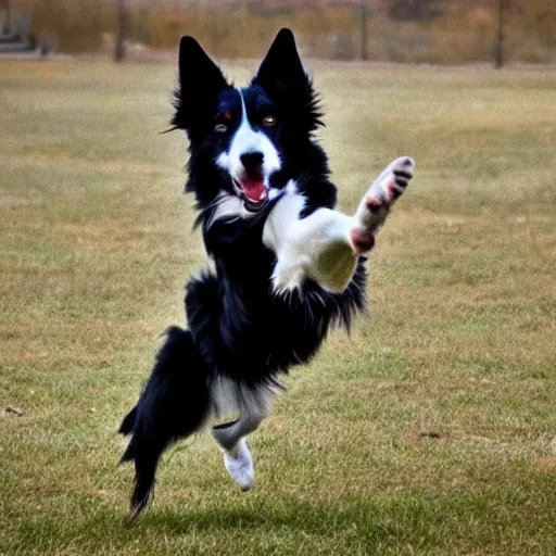 Image similar to a blue border collie jumping and catching a frisbee