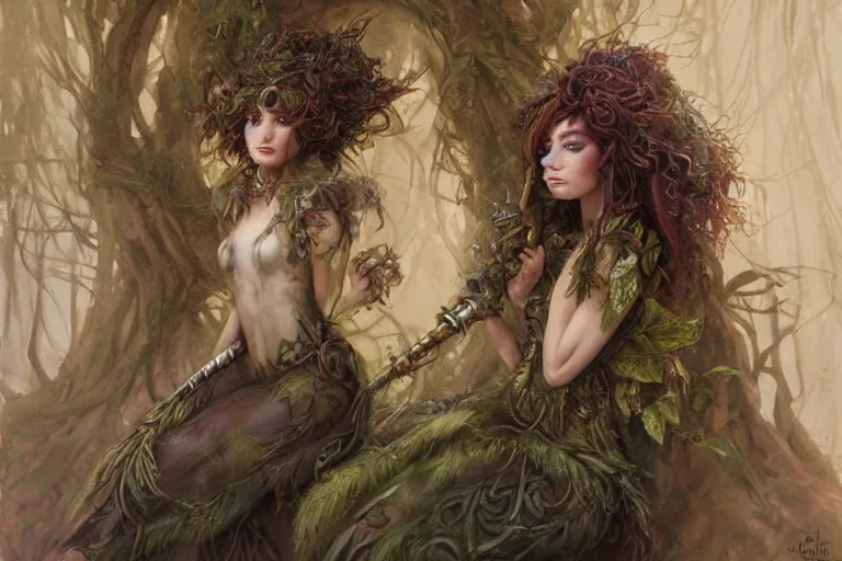 Image similar to portrait character design painting, dryad musician inspired by brian froud, portrait, accompanied by a cute feathered mouse, studio lighting by jessica rossier and brian froud and gaston bussiere