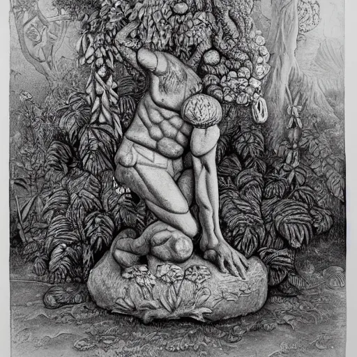 Image similar to botanical sketch of The thinker sculpture with a mechanical/cybernetic head, mushrooms and peyote/san pedro at the base, surrounded by a lush jungle and morning glory flowers, high detail, b&w,