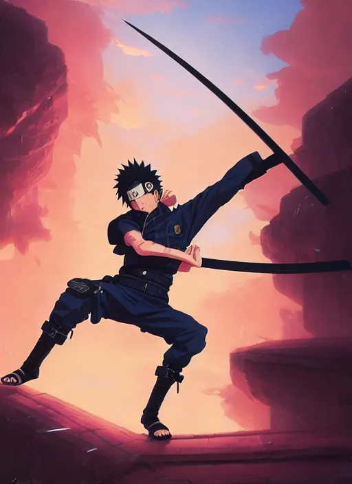 Image similar to highly detailed katana weilding naruto uzumaki with black hair, fighting with policeman art by greg rutkowski, loish, rhads, ferdinand knab, makoto shinkai and lois van baarle, ilya kuvshinov, rossdraws, tom bagshaw, global illumination, radiant light, detailed and intricate environment