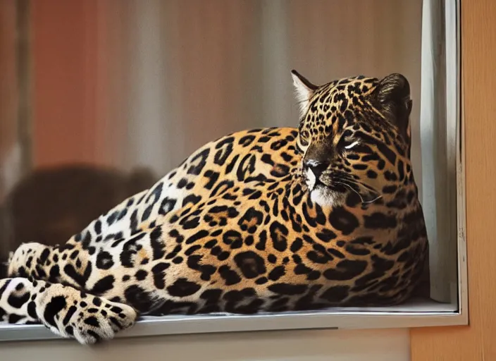 Image similar to photography of a Jaguar Cat . watching outside the window. on a bed. in a 70's room full of vinyls and posters, photorealistic, award winning photo, 100mm, sharp, high res