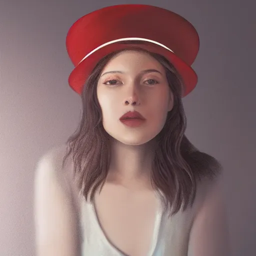 Prompt: a girl wearing a red fedora hat singing in a studio, sitting on a stool, extremely detailed digital painting, in the style of alyssa monks, rim light, beautiful lighting, 8 k, raytracing, octane, trending on artstation