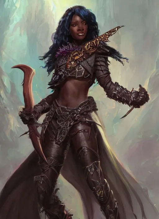 Image similar to black female, ultra detailed fantasy, dndbeyond, bright, colourful, realistic, dnd character portrait, full body, pathfinder, pinterest, art by ralph horsley, dnd, rpg, lotr game design fanart by concept art, behance hd, artstation, deviantart, hdr render in unreal engine 5