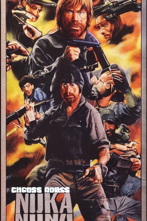 Prompt: chuck norris 1 9 8 0 s vhs tape cover ninja commando, atmospheric, realism, action, grimy, kung fu arena, highly detailed, high octane render, hd, 3 ninjas on jetskis, in the style of enzo sciotti