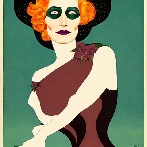 Image similar to Eva Green is Metamorpho, the Element Woman, Art by Coles Phillips, Chalk white skin, deep purple hair, Green eyes, Orange background, Mucha, Portrait of the actress, Eva Green as Metamorpho, carbon black and antique gold