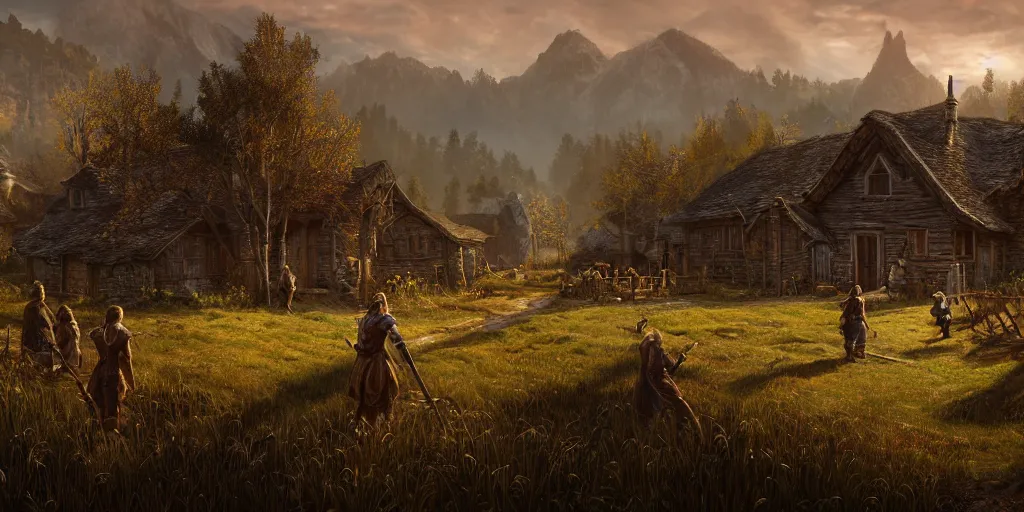 Prompt: the elder scrolls vi, rustic farmer settlement along a stream, fields and forested area, painted, intricate, volumetric lighting, beautiful, daytime, sunny weather, slight overcast, golden hour, sharp focus, deep colours, ultra detailed, by leesha hannigan, ross tran, thierry doizon, kai carpenter, ignacio fernandez rios