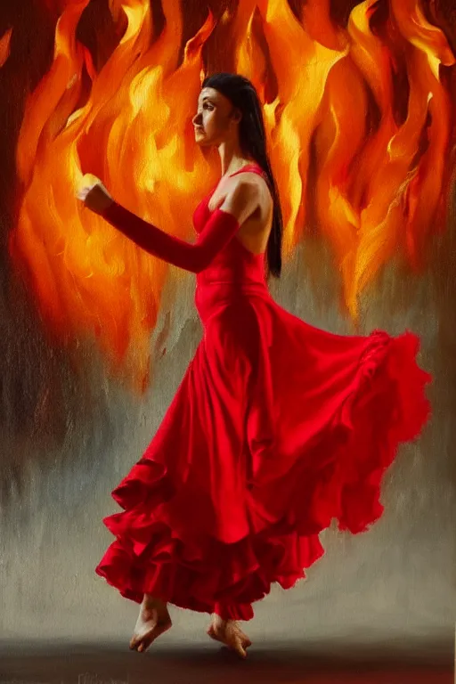 Prompt: detailed oil painting of spanish flamenco dancer walking into water wearing a red dress that's engulfed in flames, dimly lit by candles on the ground, looking away, dark shadows, ethereal, slr, 4 k, high definition