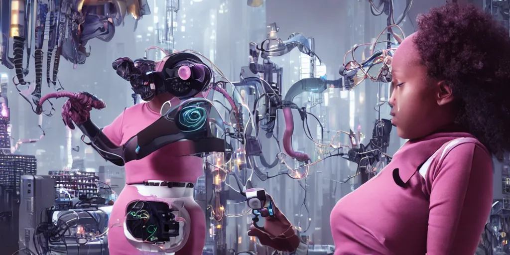 Prompt: a black girl scientist constructing a giantic analogic synthsizer with a lot of button potenciometers and iron cables played by a antropomorphic pink elephant, futuristic, cyberpunk, biomechanical, xenomorphic, photorealistic, ultra detailed, 4 k, chomatic aberration, dof