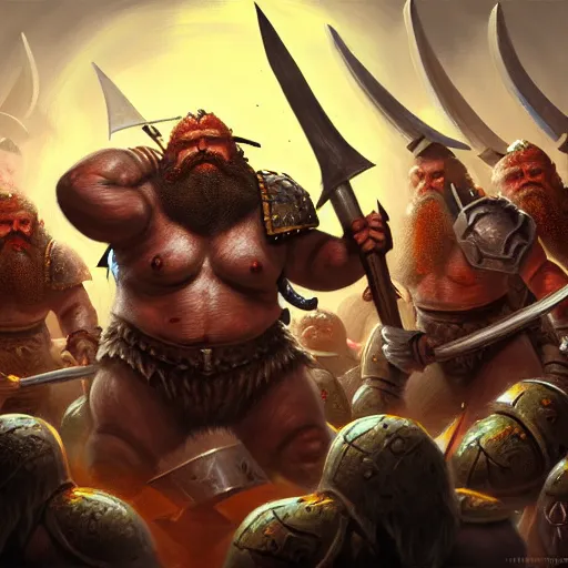 Prompt: painting of a single dwarven berserker facing a crew of crazy goblin warriors in deadly combat on a gladiator pit, sharp focus, high symmetry, award - winning, trending on artstation, masterpiece, highly detailed, intricate. art by mark tedin