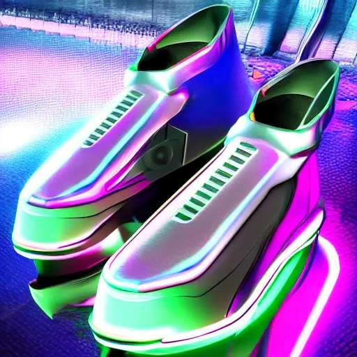 Image similar to futuristic cyber balenciaga sneakers, robot anatomy, highly detailed, 8 k, pbr, surreal, colorful, direct lighting, hyper realistic,