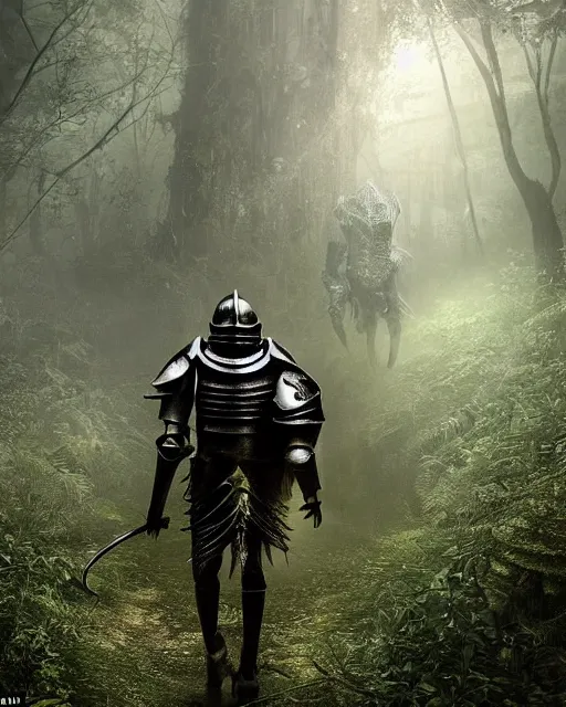 Image similar to a strong knight is walking towards a horrific monster in a densely overgrown, eerie jungle, fantasy, stopped in time, dreamlike light incidence, ultra realistic, award winning picture